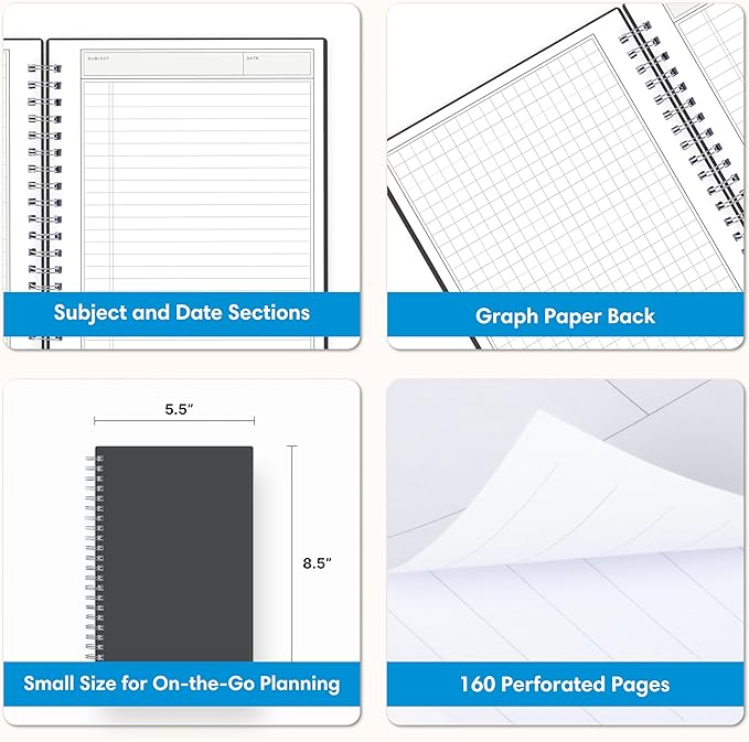 Blue Sky Notes Professional Notebook, 5.5" x 8.5" Journal, Gray, Flexible Cover, Durable Twin-Wire Binding, 150+ Lined and Perforated Notes Pages, Undated, Office and School