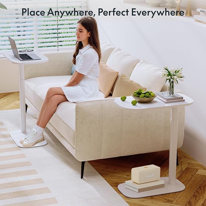 FLEXISPOT Adjustable C Table Mobile Snack Side End Table Sofa Couch Bedside Table Laptop Cart TV Tray Night Stand Small Space Side Table(23.6" W x 13.8" D,White)