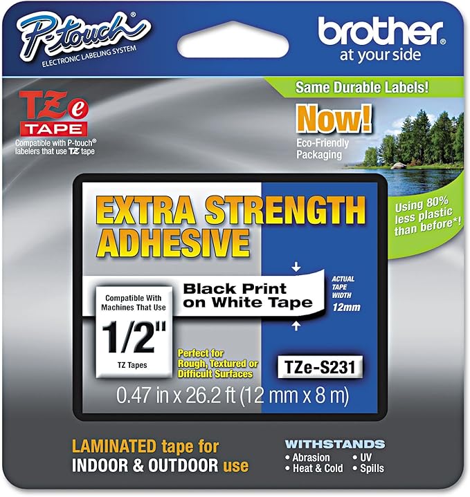 Brother Genuine P-Touch TZE-S231 Label Tape, 1/2" (0.47") Extra Strength Adhesive Laminated P-touch Tape, Black on White, Laminated for Indoor, Outdoor Use,Water Resistant, 26.2 Feet (8M),Single-Pack