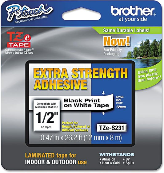Brother Genuine P-Touch TZE-S231 Label Tape, 1/2" (0.47") Extra Strength Adhesive Laminated P-touch Tape, Black on White, Laminated for Indoor, Outdoor Use,Water Resistant, 26.2 Feet (8M),Single-Pack