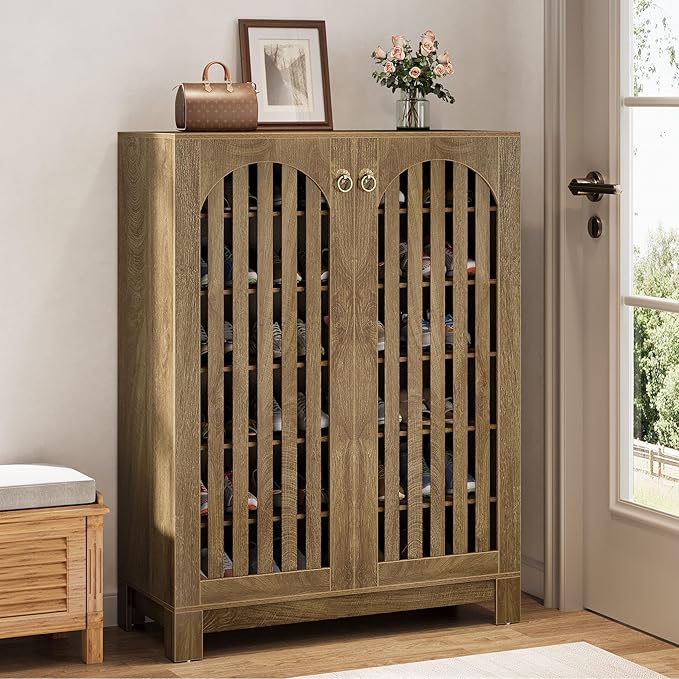 Tribesigns Shoe Cabinet with Shutter Doors, 6-Tier Shoe Storage Cabinet, Entryway Shoe Rack Organizer with Adjustable Shelves for Living Room, Bedroom, Natural Wood