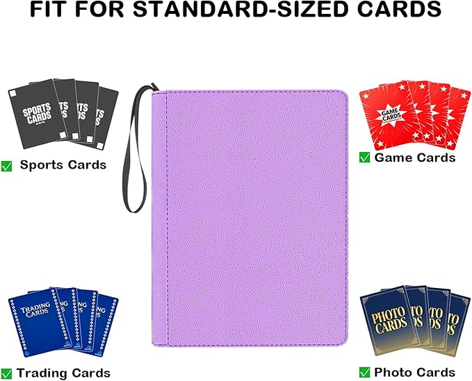 Card Binder 9 Pocket - 432 Cards, Premium Textured & Patterned PU Leather Album, 24 Page Zippered Side-Loading for Baseball, TCG, Trading & Sports Cards (Unique Textured Purple)