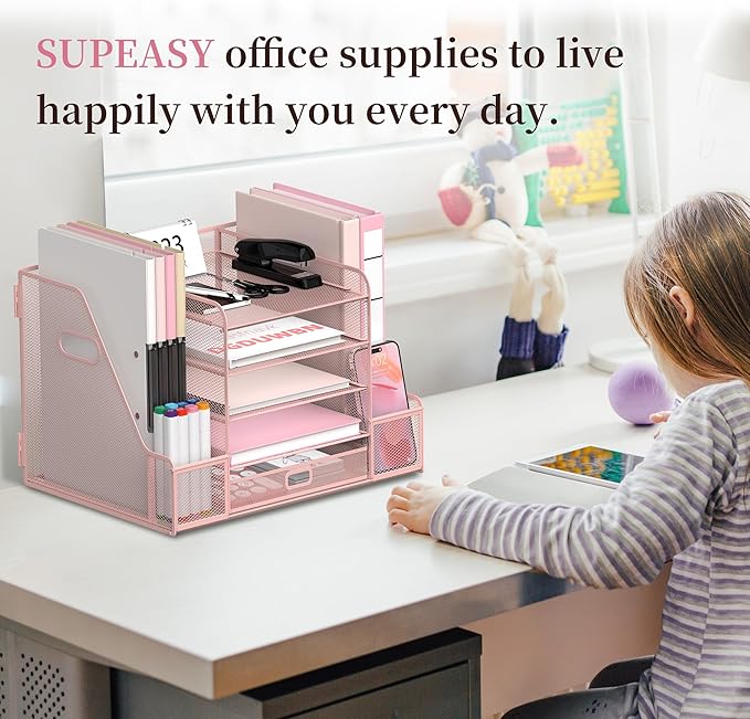 SUPEASY Mesh Desk Organizer with File Holder, 5-Tier Paper Letter Tray Organizer with Magazine Holder, Desktop Organizer and Storage with Drawer for Office Supplies Home or School (Pink)