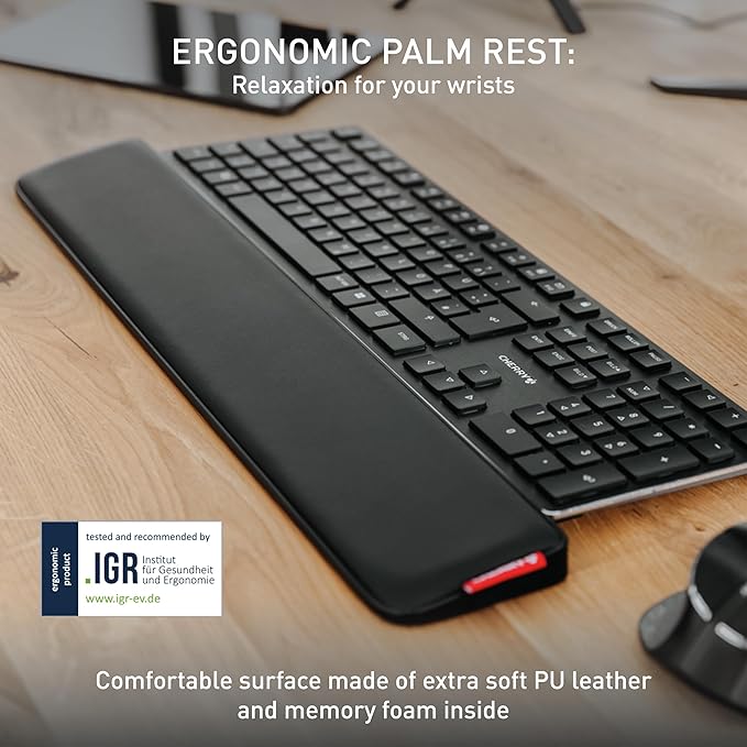 CHERRY PALMREST Ergo, Ergonomic Palm Rest, Compatible with Any Keyboard, extendable feet, 3 Different tilt Angles, Extra Wide, Black