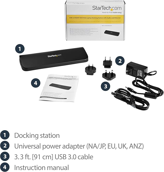 StarTech.com Dual Monitor USB 3.0 Laptop Docking Station with HDMI/DVI/VGA, 3x USB-A Hub, GbE, Audio, Universal Type-A Dock for Windows/macOS/ChromeOS - TAA Compliant (USB3SDOCKHDV)