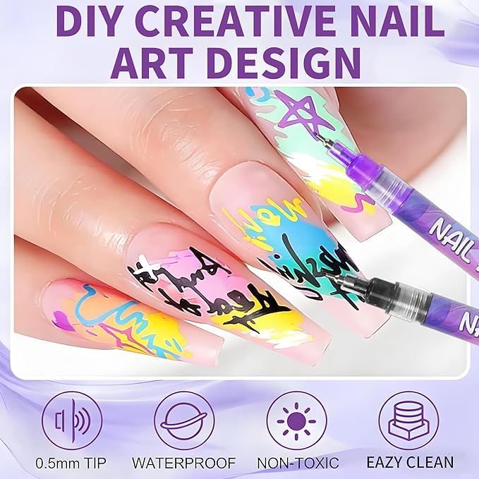 12 Colors Nails Art Pens Set,0.55mm Ultra Fine Tip,Upgraded Gel Nail Markers for 3D Designs,DIY Nail Painting Detail Drawing Tools (B-2 Set)