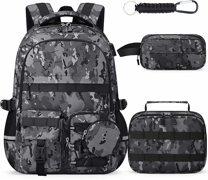 School Backpack for Boys - 5pcs Camo Boys Backpack with Lunch Box Set for Kids Teens Elementary Middle High School,18″ Large Capacity Students Bookbag