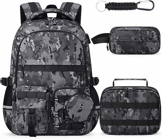 School Backpack for Boys - 5pcs Camo Boys Backpack with Lunch Box Set for Kids Teens Elementary Middle High School,18″ Large Capacity Students Bookbag