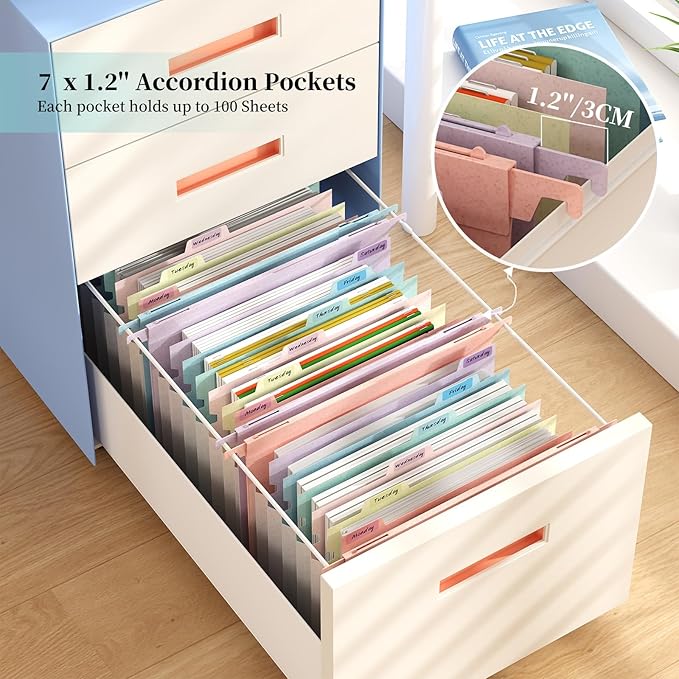 Expanding Hanging File Folders for Filing Cabinet, 7 Accordion Pockets, 1.2'' Expandable, Multi-Color Tabs, Letter Size, 50% Wheat Straw, 3 Pack (Assorted Pastel)