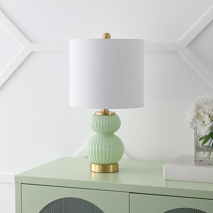 JONATHAN Y 20" Mint Green/Brass Gold Ribbed Gourd Glass Table Lamp, Modern Bedside Lamp for Bedroom Living Room, White Linen Drum Shade, LED Bulb Included (JYL1099F)