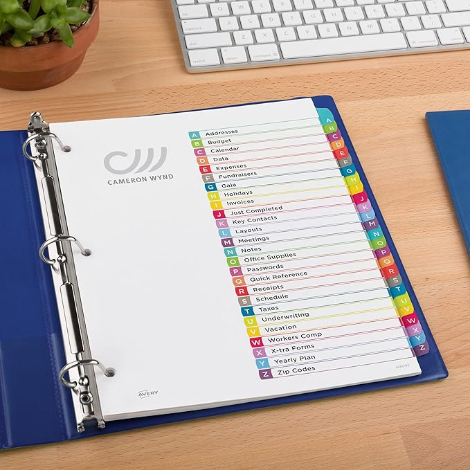 Avery A-Z Dividers for 3 Ring Binders, 26 Tabs per Set, Customizable Table of Contents, Multicolor Arched Tabs, Great for Organizing Reports, Projects, and More (12 Sets of 11844)