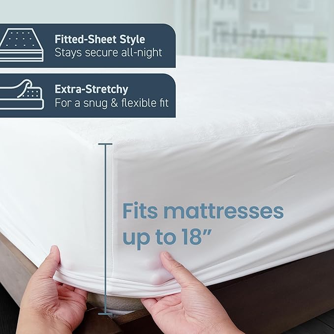 SafeRest Waterproof Full Size Mattress Protector - Fitted with Stretchable Pockets - Machine Washable Cotton Blend Mattress Cover for Bed