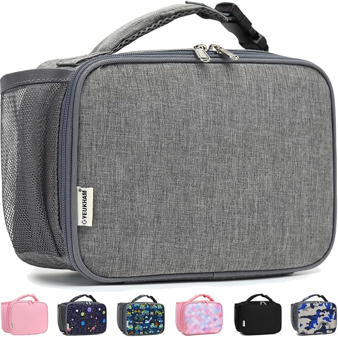 Insulated Lunch Box for School, Thermal Reusable Durable Freezable Lunch Bags for Kids Boys Girls Men Women - Small Soft Cooler Portable Lunch Tote Kit for Work Picnic Travel,Grey