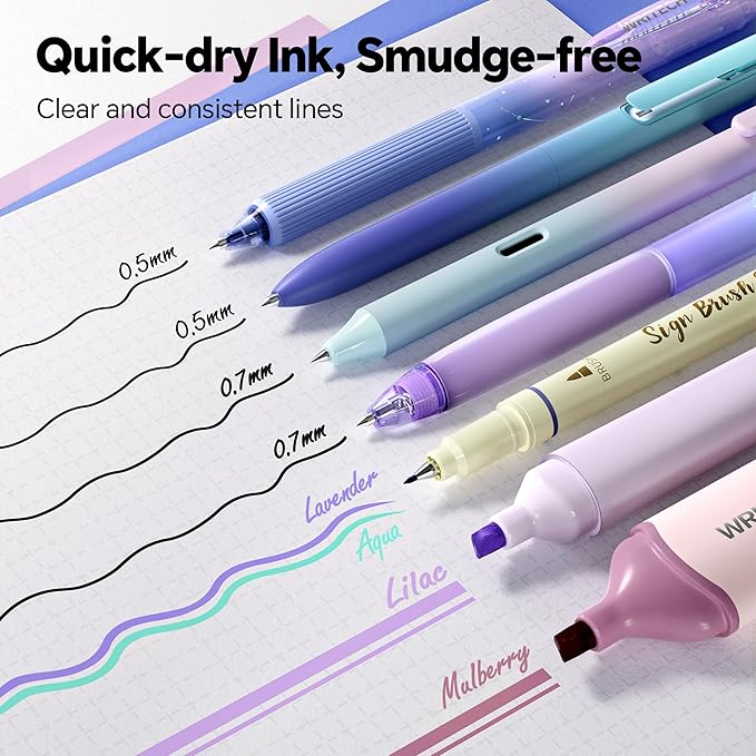 WRITECH Gel Ink Pens Journaling: Aurora Wonderland Pen Set, Gradient Barrels Black Ink Pens Pastel Highlighters Brush Markers, No Bleed Smooth Writing Drawing Gift for Friends 12ct