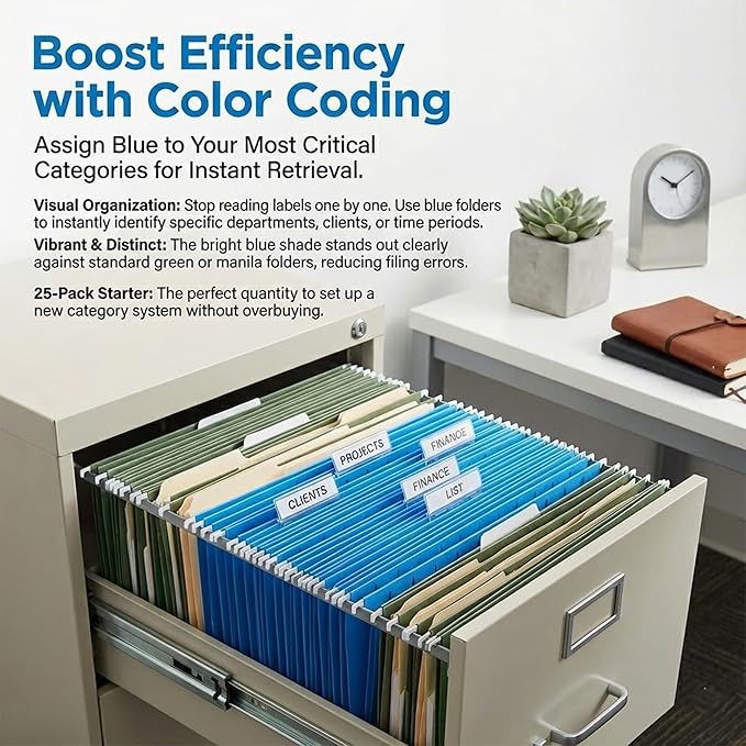25 Packs Hanging File Folders,Blue Letter Size File Folder,Designed for Bulky Files,Filing Cabinet,1/5 Adjustable Cut Tabs for Office,School,Home