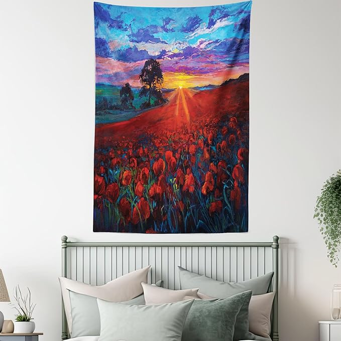 Ambesonne Country Tapestry, Clouds at Sunset Paint Scenery of Poppy Flower Garden on Valley with Horizon, Fabric Wall Hanging Decor for Bedroom Living Room Dorm, 30" X 45", Burgundy Deep Sky Blue