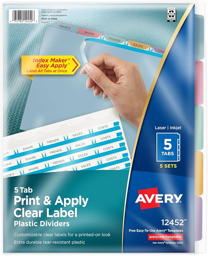 Avery 5 Tab Plastic Dividers for 3 Ring Binder, Easy Print & Apply Clear Label Strip, Index Maker Customizable Multicolor Tabs, 5 Sets (11452)