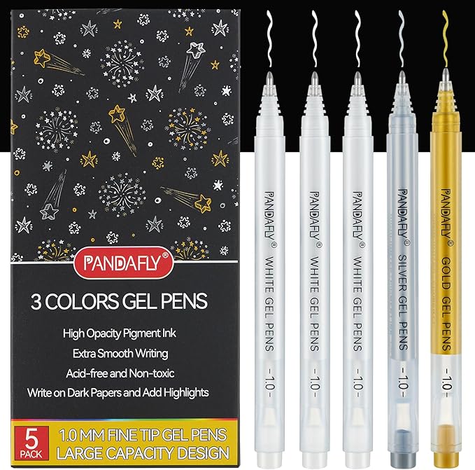PANDAFLY Gold Silver White Gel Pens, 1mm Extra Fine Point White Pen for Art Highlight & Artists Drawing, Opaque Archival Ink Pens for Black Paper Drawing, Sketching, Illustration, Card Making, 5 Pack
