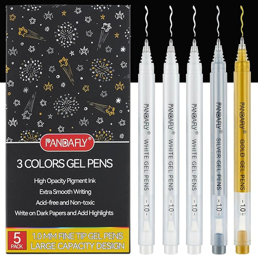 PANDAFLY Gold Silver White Gel Pens, 1mm Extra Fine Point White Pen for Art Highlight & Artists Drawing, Opaque Archival Ink Pens for Black Paper Drawing, Sketching, Illustration, Card Making, 5 Pack