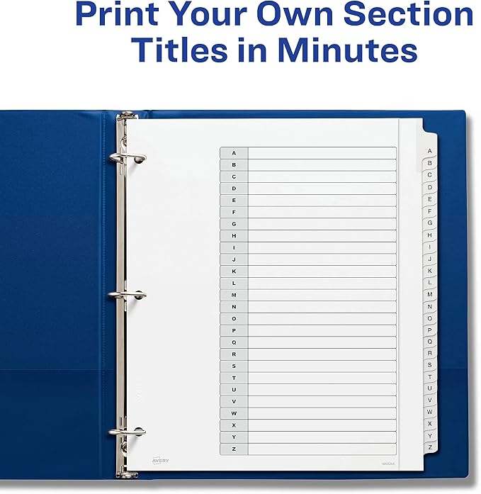 Avery Extra-Wide Dividers for 3 Ring Binders, 26 Tabs per Set, Customizable Table of Contents, Multicolor Tabs, Works Great with Sheet Protectors (11166)