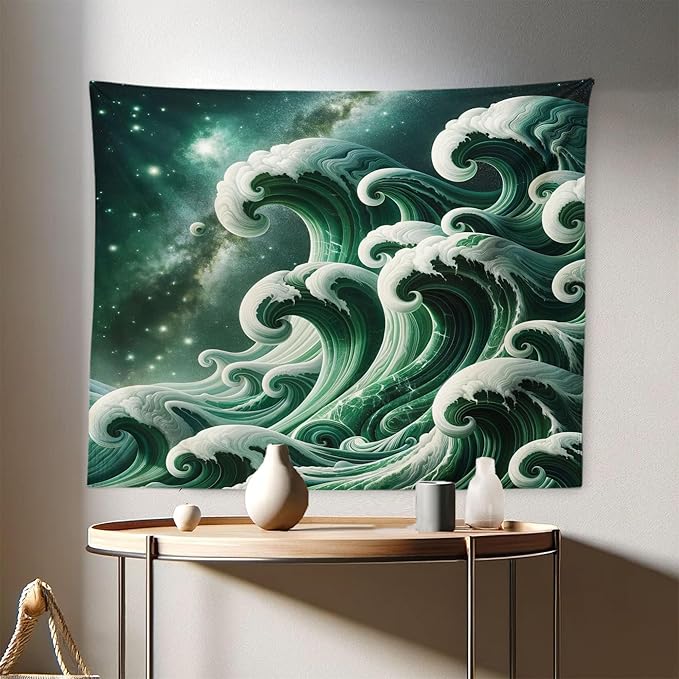 Ambesonne Green Tapestry, Bold Marble Print Ocean Waves with a Realistic Galaxy Space Starry Sky Illustration, Fabric Wall Hanging Decor for Bedroom Living Room Dorm, 28" X 23", Dark Teal