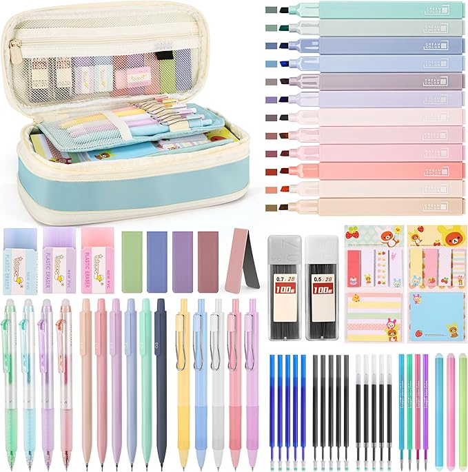 62PCS Aesthetic Stationery Set with Pencil Case, No Bleed Highlighters, Gel & Erasable Pens, Mechanical Pencils, Refills, Cute Supplies for Note Taking, Journaling & Bible Study, Blue