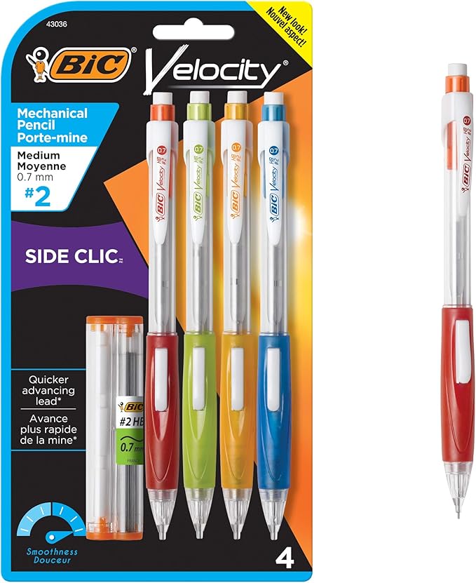 BIC Velocity Side Clic Mechanical Pencils, With Colorful Barrel, Medium Point (0.7mm), 4-Count Pack Mechanical Pencils With Eraser and Lead Refills