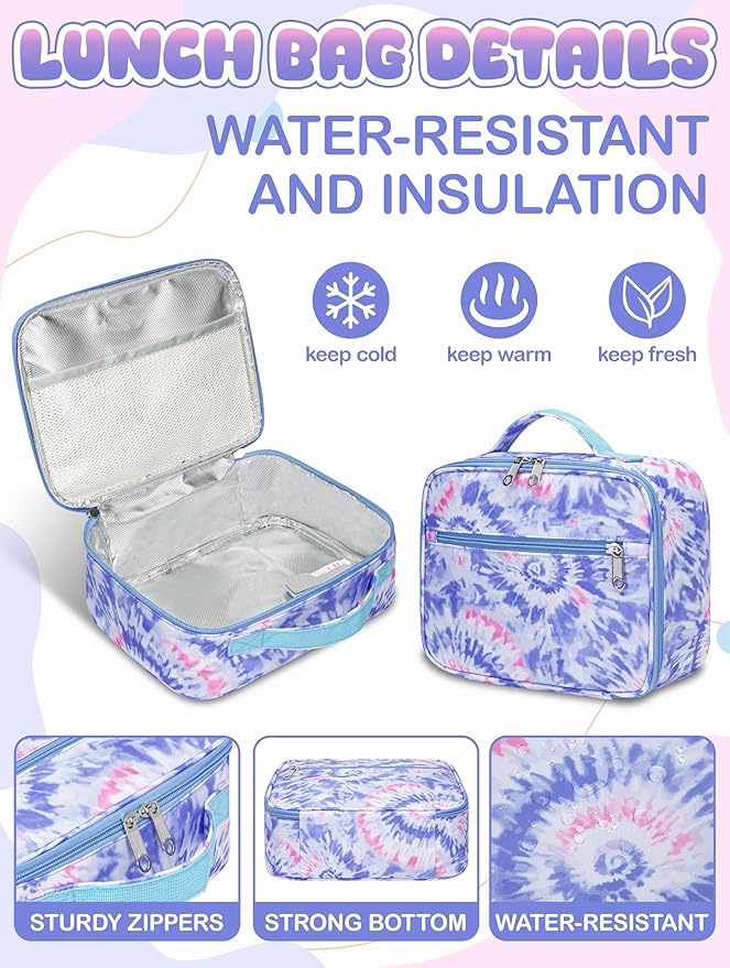 BLUEFAIRY Kids Backpack with Lunch Box for Girls Boys Elementary Primary Middle School Bag with Lunch Bag Set 17 Inch Bookbag Mochilas Escolares para Niñas Niños (Tie-dye, Light Violet)
