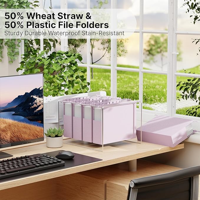 XINGIA Letter Size Hanging File Folders with Tabs,2'' Expansion,12 Pack Heavy Duty Wheat Straw Plastic Hanging Folder,Extra Capacity Filing Cabinet Folders,File Organizer for File Box(Morandi Purple)