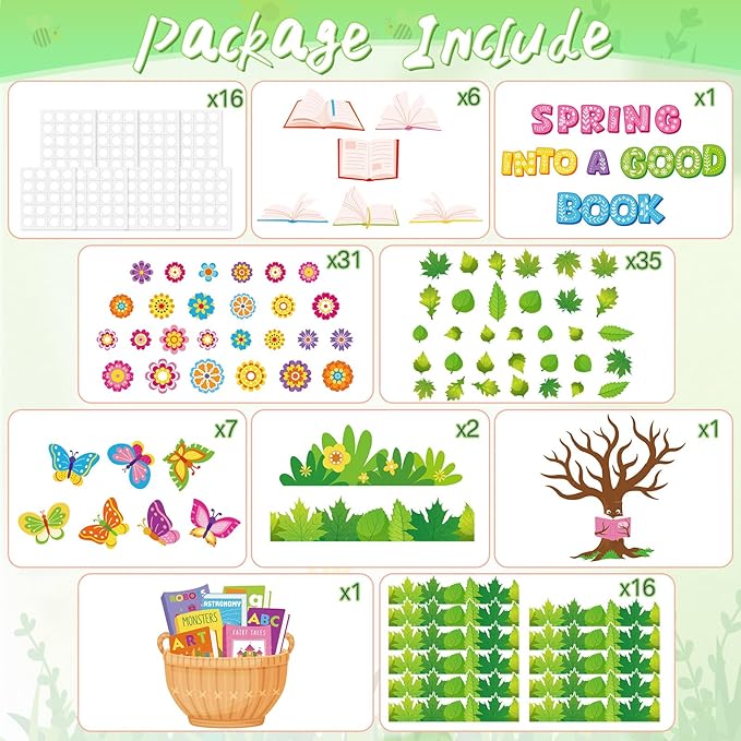 Epakh Spring Flower Reading Tree Bulletin Board Set Spring Into a Good Book Classroom Decorations Butterfly Floral Accent Paper Cutouts for March Library Door Wall Decor Birthday Party Supplies