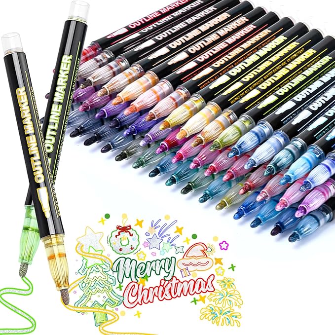 48Colors Outline Glitter Markers, Coloring Shimmer Metallic Markers for Stocking Stuffers, Glitter Gel Drawing Pens Set for Christmas Gifts, Art Supplies, Metallic Sharpie Pens Gifts for Teen Girls