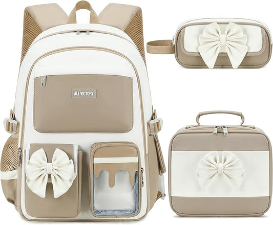 School Backpack for Girls 3PCS Nylon Kids Backpack Set with Lunch Box & Pencil Pouch, Cute Lightweight Teen Girls School Bag Laptop Bag Travel Daypack for Elementary Middle High School Beige Brown