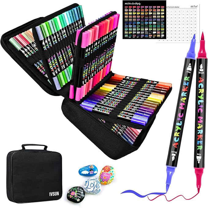 IVSUN Acrylic Paint Pens, 100 Colors Dual Tip Paint Markers with Fine Tip and Brush Tip Pens for Stone, Wood, Canvas, Calligraphy, Ceramic, Metal, Glass, Rock Painting, DIY Crafts Art Supplies Kit