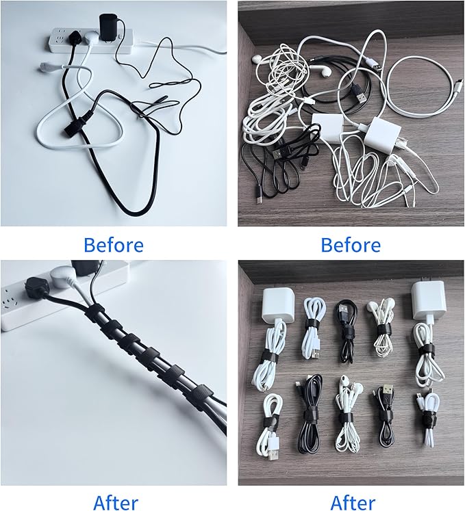 100 PCS 8 Inches Black Reusable Cable Ties, Adjustable Cord Straps, Cable Organizer, Cord Wrap and Hook Loop Cords Management
