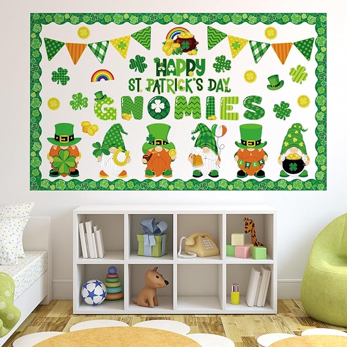 Pasimy St. Patrick's Day Bulletin Board Decorations Set Shamrocks Gold Coin 3D Rainbow Paper Cutouts Lucky Clover Bulletin Board Borders for Green Irish Holiday School Home Wall Decor(Gnome)