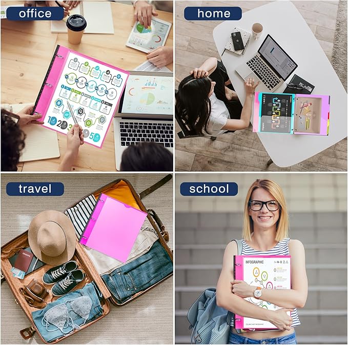 INFUN 1 Inch Telescoping Project Organizer Binder-2PCS,13 Pocket, Customizable Front Cover, 5 Colors Pocket Divider and Plastic Binder Pocket，225 Sheet Capacity-Pink
