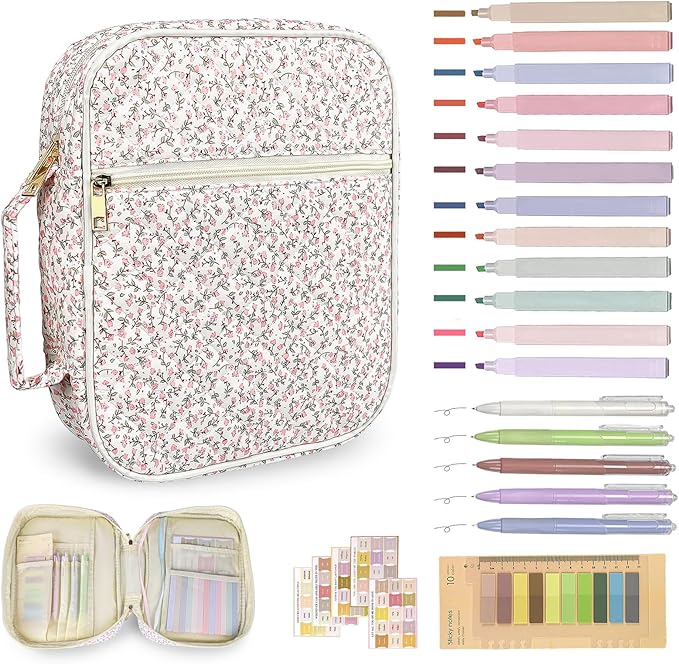 Bible Cover Case for Women,Bible Study Supplies Accessories,Bible Journaling Kit,Pink Flower Carrying Case with Highlighters
