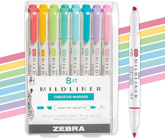 Zebra Pen Mildliner Dual-Tip Highlighter Marker Set, Broad and Fine Tips, No Bleed, Ideal for Bible Highlighting, Journaling, School and Office Supplies, Assorted Soft Hue Ink Colors, 8-Pack (78108)