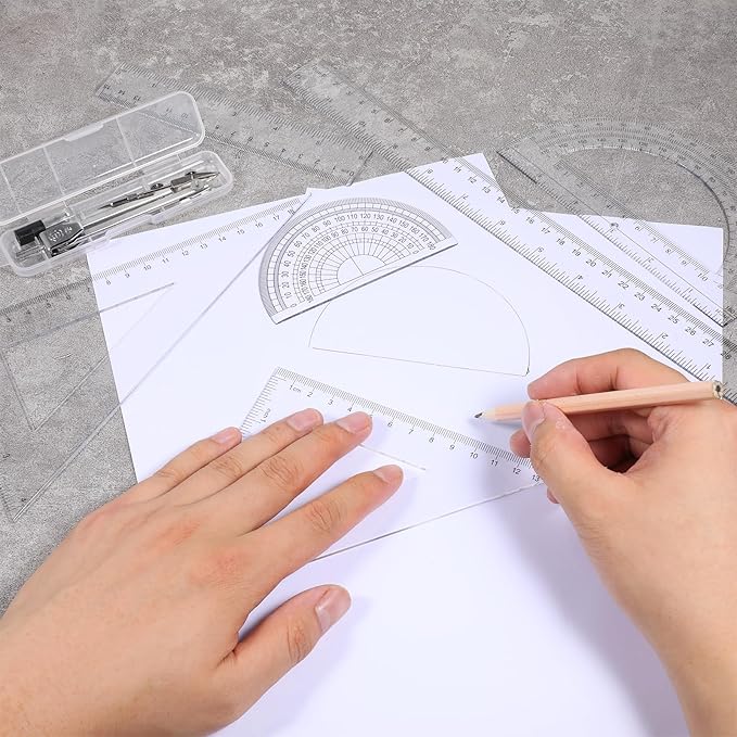 7PCS Geometry Math Set Plastic Clear 45/60 Degree Triangle Ruler 12 and 6 Inch Math Ruler 4 and 6 Inch Protractor and Compass Set with Box Measuring Tools for Students Teachers Office Supplies