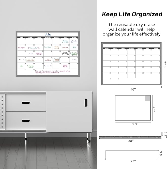 Large Dry Erase Calendar for Wall, Undated 1 Month Wall Calendar, 40" x 28" Erasable & Reusable Laminated Calendar, 10 Round Stickers, Great Layout Wall Calendar Monthly for Home Office School