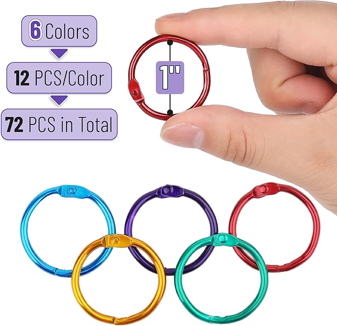 Mr. Pen- Loose Leaf Binder Rings, 72 Pack, Assorted Colors, 1 Inch, Metal, Small