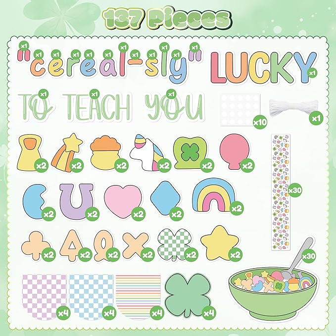 St. Patrick's Day Bulletin Board - 137pcs Cereal-sly Lucky Charms Cutout with Banner Decor Set, Shamrock Rainbow Clover Chalkboard Classroom Wall Accents Ideas Kits for Irish Day Party Supplies