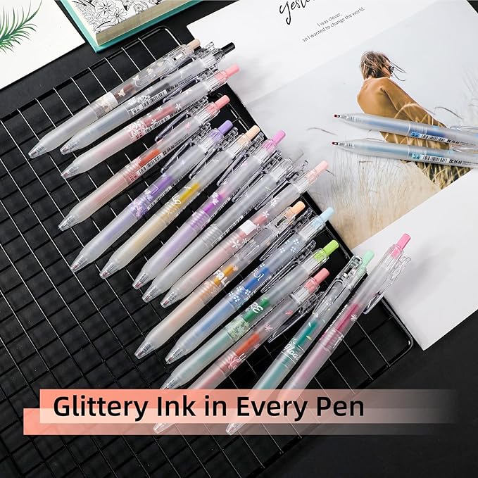 Glitter Gel Pens, 16 Colors Metallic Glitter Pens for Adult Coloring Books, Drawing, DIY Crafts - Retractable Sparkle Gel Ink Markers, Journaling & Scrapbooking Supplies