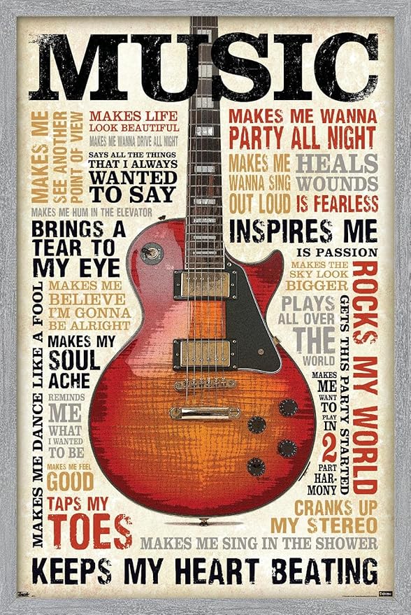 Music Inspires Me Wall Poster, 34L" x 22.4W", Gray Framed Version