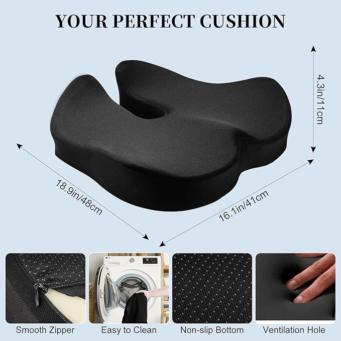 Ergonomic Memory Foam Seat Cushion | Relieves Sciatica, Tailbone & Lower Back Pain | Non-Slip, Breathable Pad for Office, Gaming, Car & Wheelchair Use | Ideal for Long Sitting Comfort