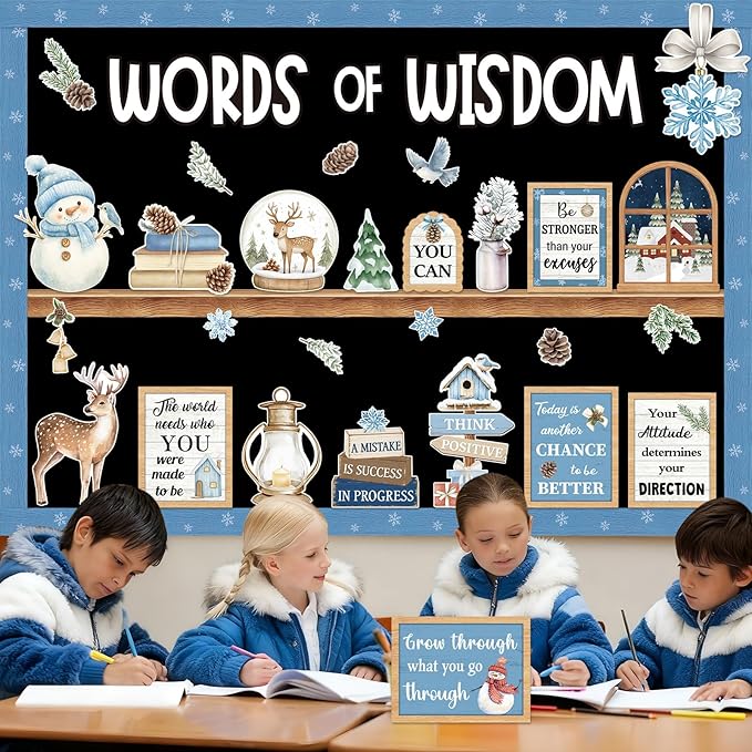 57 Pcs Christmas Winter Bulletin Board Set Inspirational Classroom Decoration Watercolor Snowflake Snowman Cutout for Holiday School Chalkboard Door Wall Decor