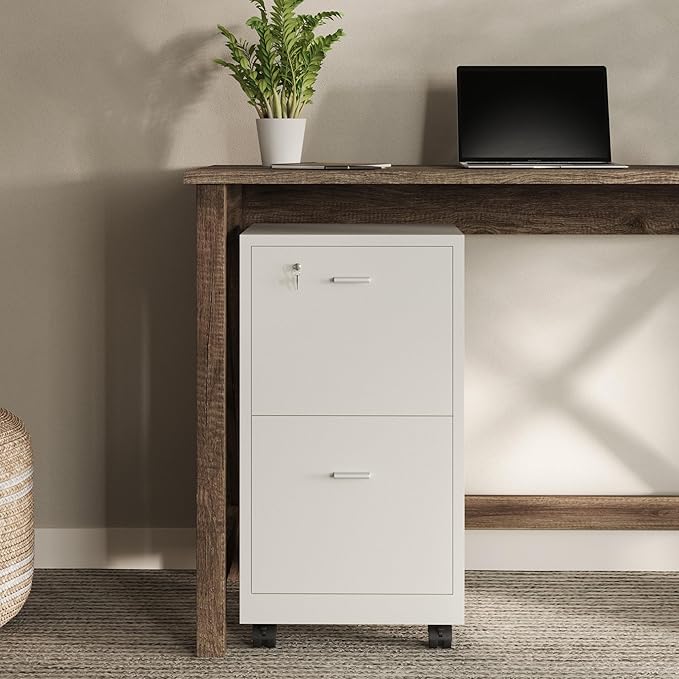 File Cabinet - 2-Drawer Cabinet with Lock and Deep Drawer Storage - Rolling Filing Cabinet for Under The Desk, Home, or Office by Lavish Home (White)