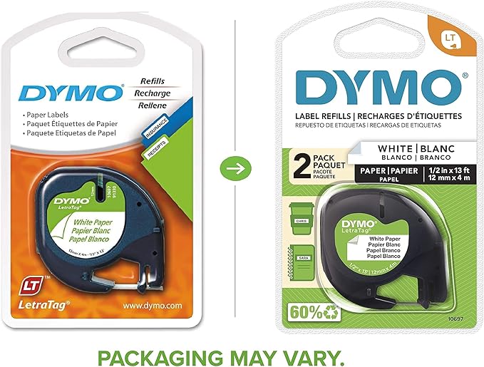Dymo 10697 Self-Adhesive White Paper Labeling Tape for LetraTag, 2 Blister Packs (4 Refills), Black on White, 2 Count (Pack of 2)