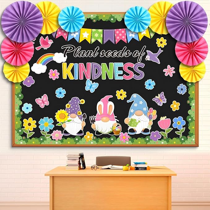 Eersida Spring Bulletin Board Decorations with Paper Fans St Patricks Day 3D Classroom Bulletin Board Christian Easter Flower Bunny Cutouts School VBS Library Church Window Wall Decor(Gnome)