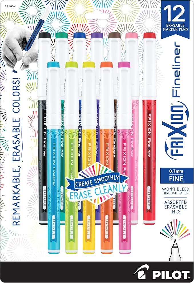 Pilot FriXion Fineliner Erasable Marker Pens, Fine Point 0.7 mm, Pack of 12, Assorted Colors, Erasable Pens - Ideal for School, Journaling, & Office Writing